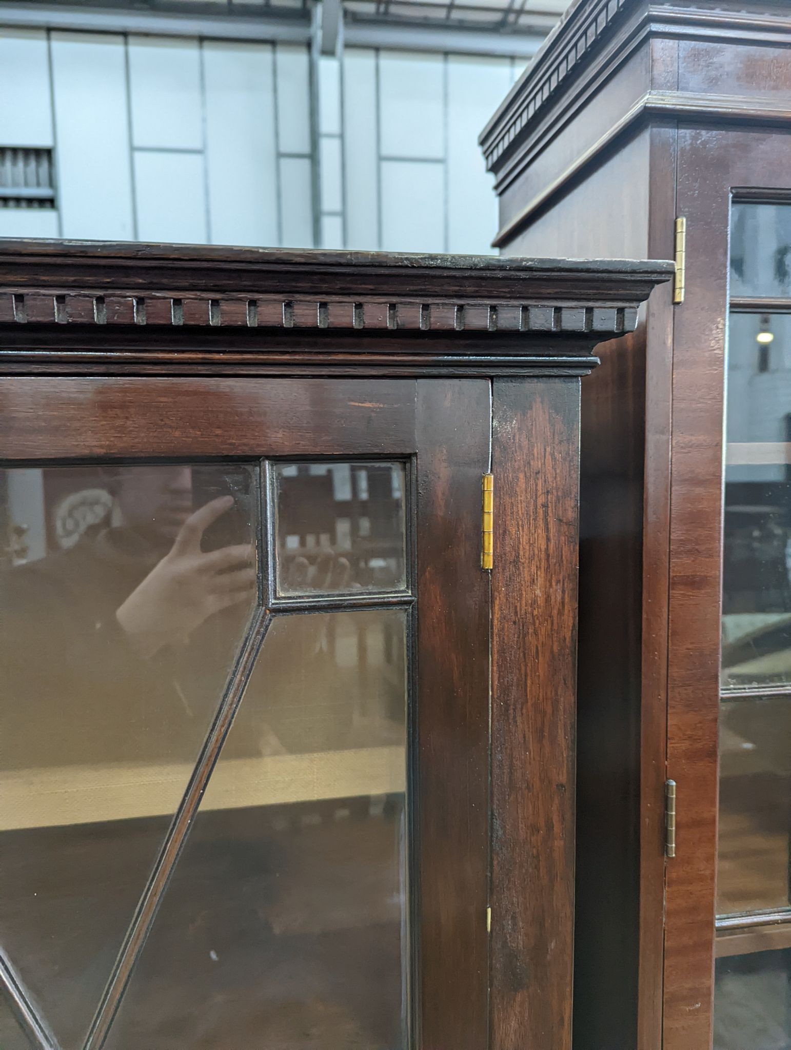 A reproduction George III style glazed mahogany two door display cabinet, width 108cm, depth 40cm, height 172cm